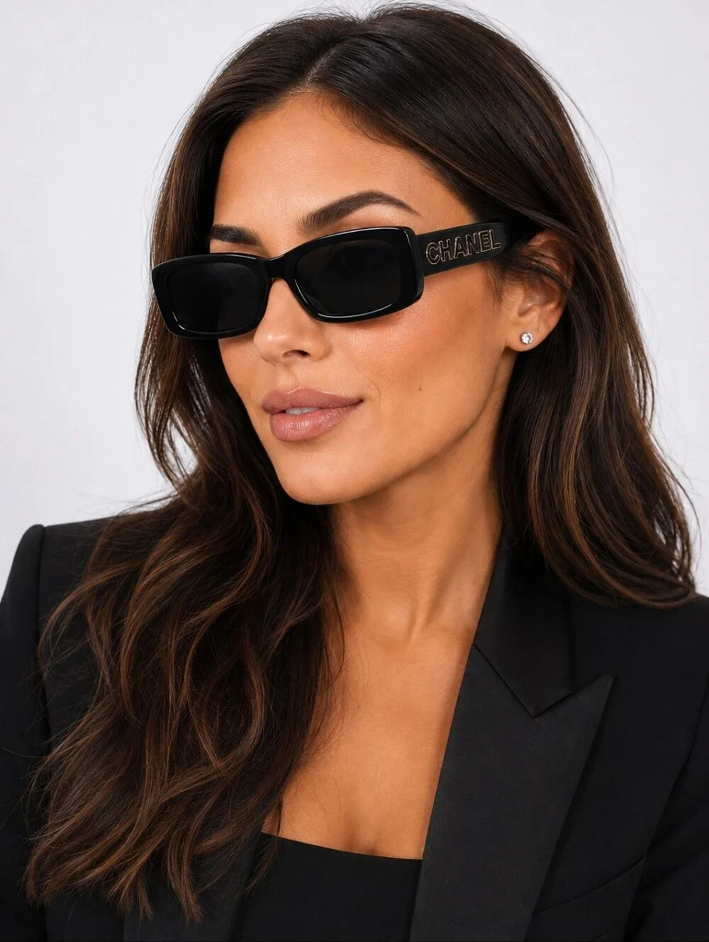 Chanel Black Acetate Rectangle Women's Sunglasses 5559 c.622/S4 Spellout Logo